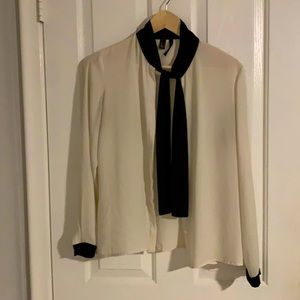 Mango black and white button up blouse with tie